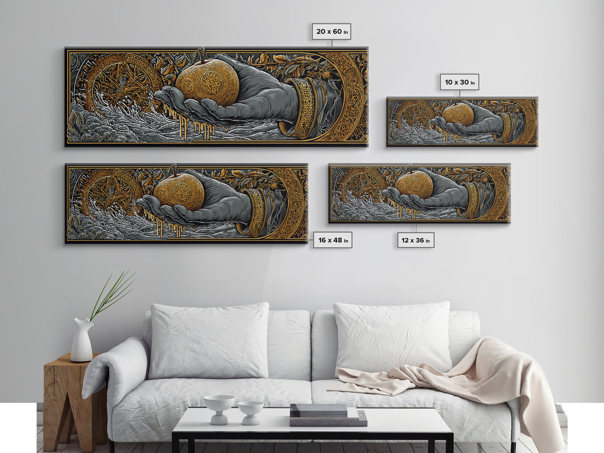 Golden Apple of Idunn Canvas Gold Art, Norse Mythology Canvas Art for Office or Man Cave, framed in natural wood, Viking Dad Gift