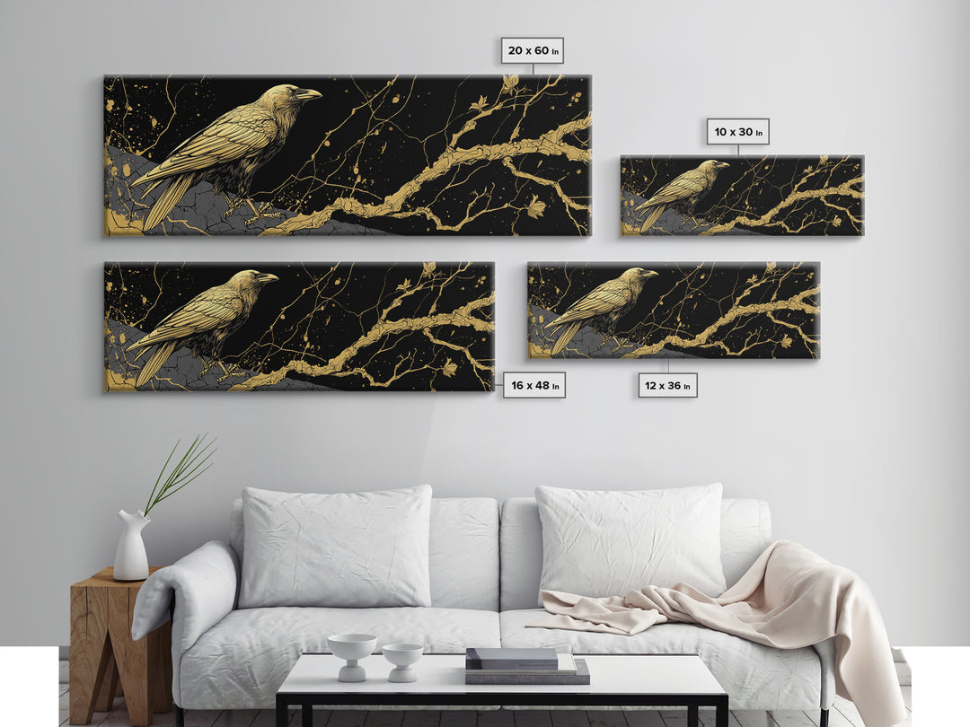 Odin’s Raven Canvas Gold Art Norse Mythology Canvas Art Viking Wall Decor with natural wood frame, Man Cave or Office Gift