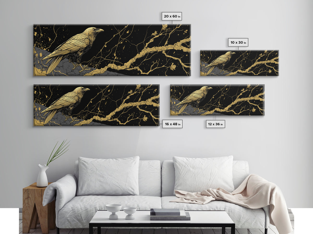 Odin’s Raven Canvas Gold Art Norse Mythology Canvas Art Viking Wall Decor with natural wood frame, Man Cave or Office Gift