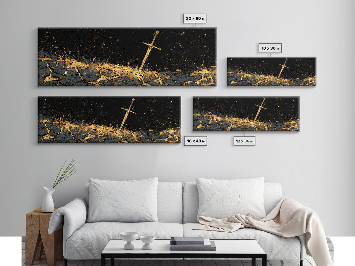 Viking Sword in Earth Canvas Gold Art Norse Mythology Canvas Art for Man Cave Decor with real wood frame, Office Warrior Gift