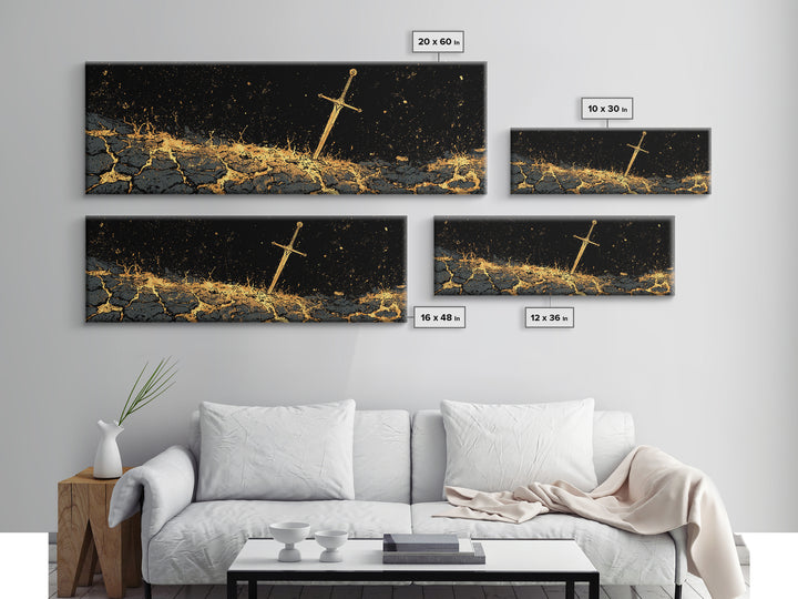 Viking Sword in Earth Canvas Gold Art Norse Mythology Canvas Art for Man Cave Decor with real wood frame, Office Warrior Gift