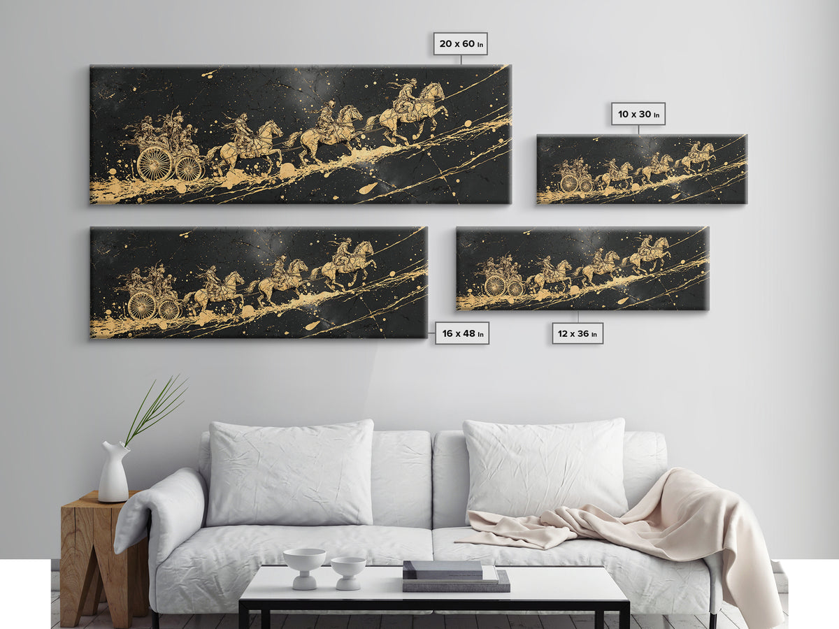 Valkyries’ Ride Canvas Gold Art Norse Mythology Canvas Art Viking Horse Decor framed in natural wood, Warrior Office Wall Art
