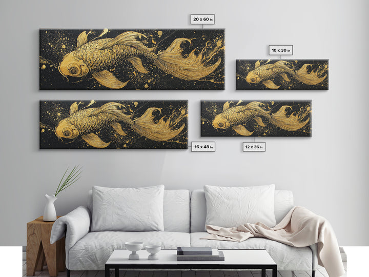 Koi Fish Canvas Gold Art Japanese Nordic Fusion Wall Art Canvas Art with real wood frame, great Viking Dad Gift or Office
