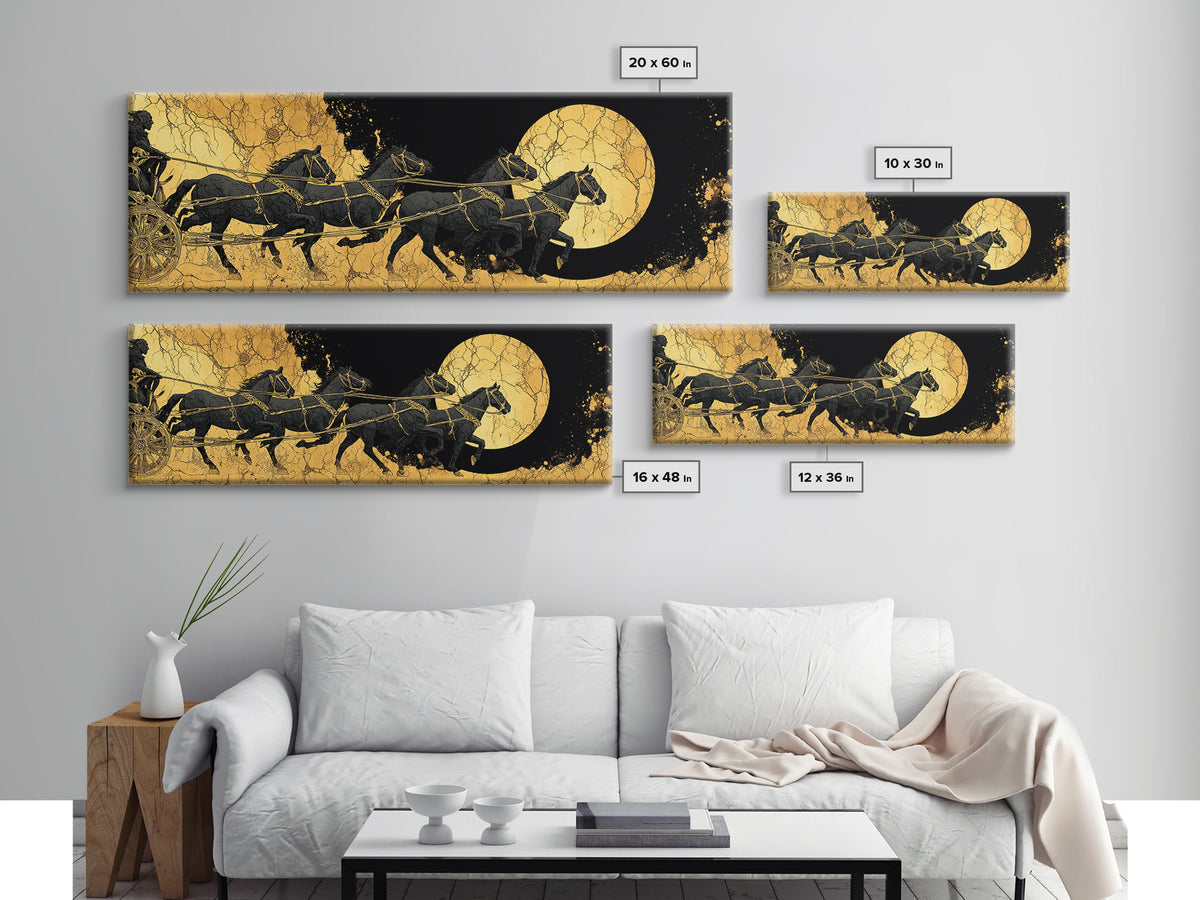 Sol’s Chariot Horses Canvas Gold Art Norse Mythology Canvas Art Wall Decor with wood frame, Viking Office or Man Cave