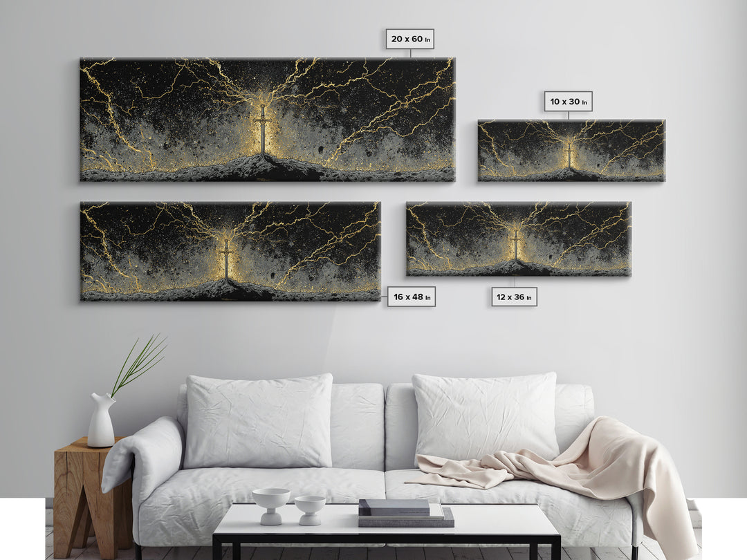 Legendary Sword Canvas Gold Art Norse Mythology Canvas Art Wall Decor for Men, Office or Man Cave framed in real wood