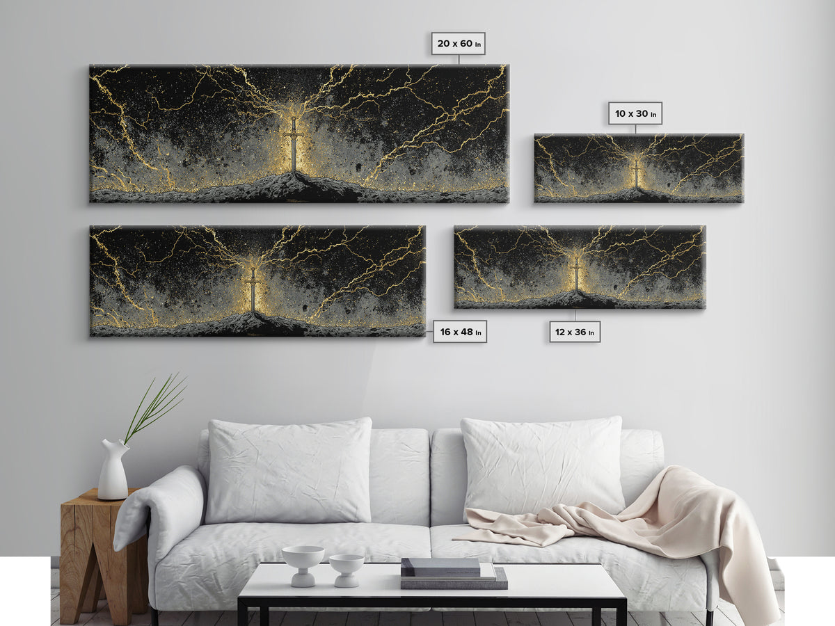 Legendary Sword Canvas Gold Art Norse Mythology Canvas Art Wall Decor for Men, Office or Man Cave framed in real wood