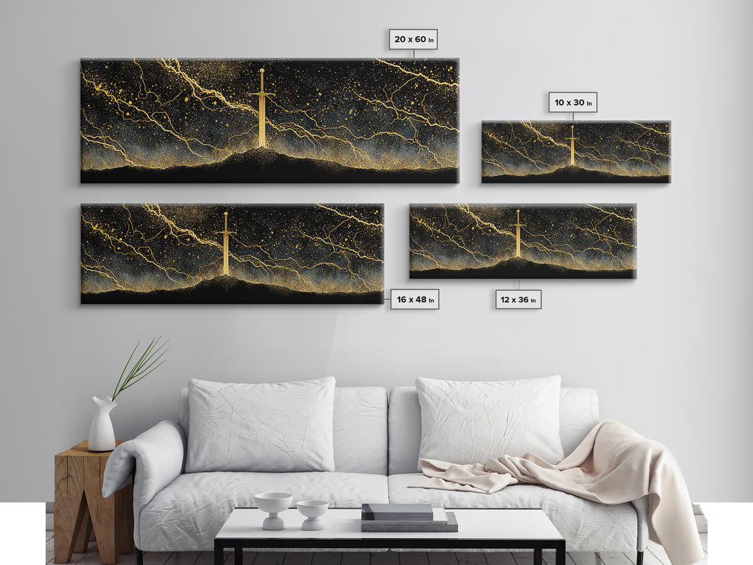 Mythic Sword of the Gods Canvas Gold Art Nordic Wall Decor Canvas Art framed in real wood, perfect Man Cave or Dad Gift