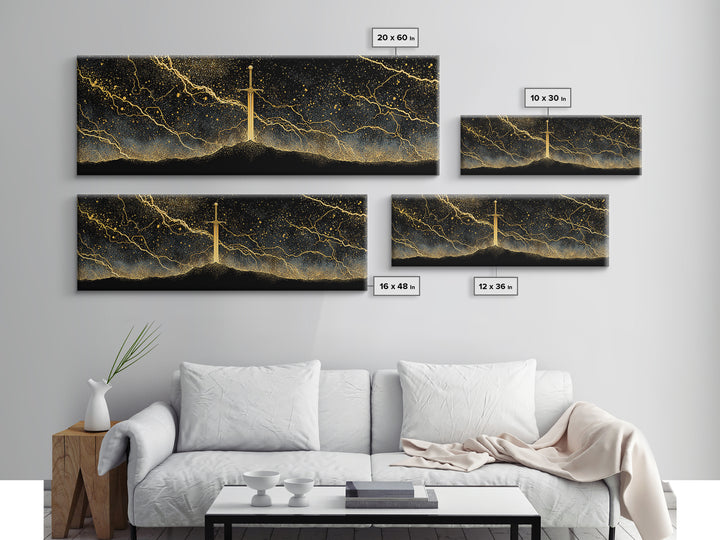 Mythic Sword of the Gods Canvas Gold Art Nordic Wall Decor Canvas Art framed in real wood, perfect Man Cave or Dad Gift