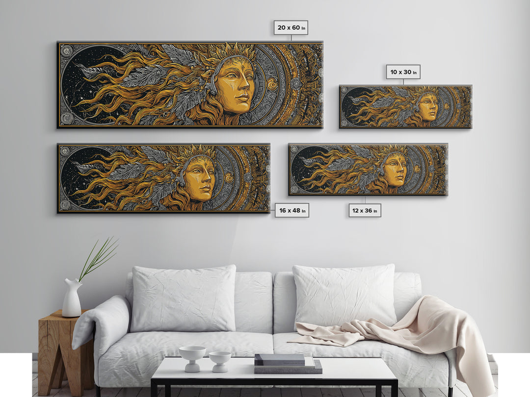 Canvas Art Canvas Gold Sun Goddess Norse Mythology Wall Decor, Nordic Office or Man Cave Art framed in natural wood