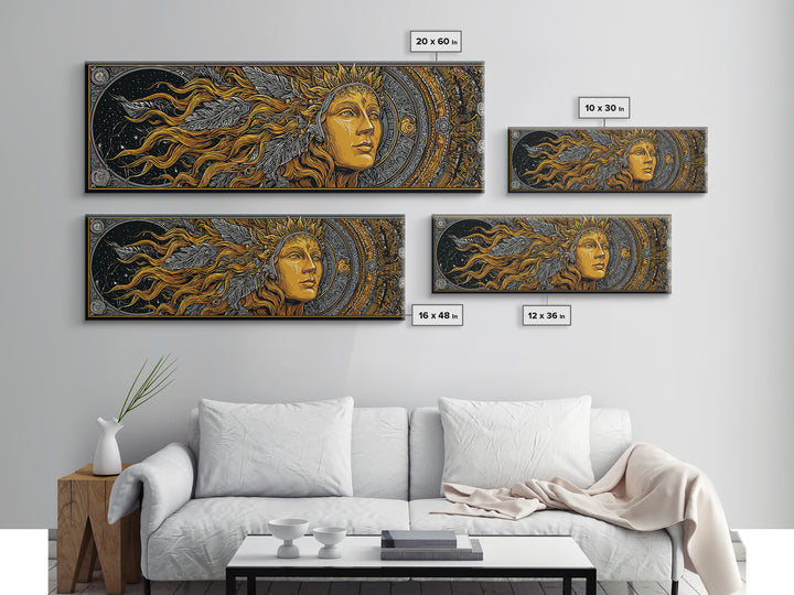 Canvas Art Canvas Gold Sun Goddess Norse Mythology Wall Decor, Nordic Office or Man Cave Art framed in natural wood