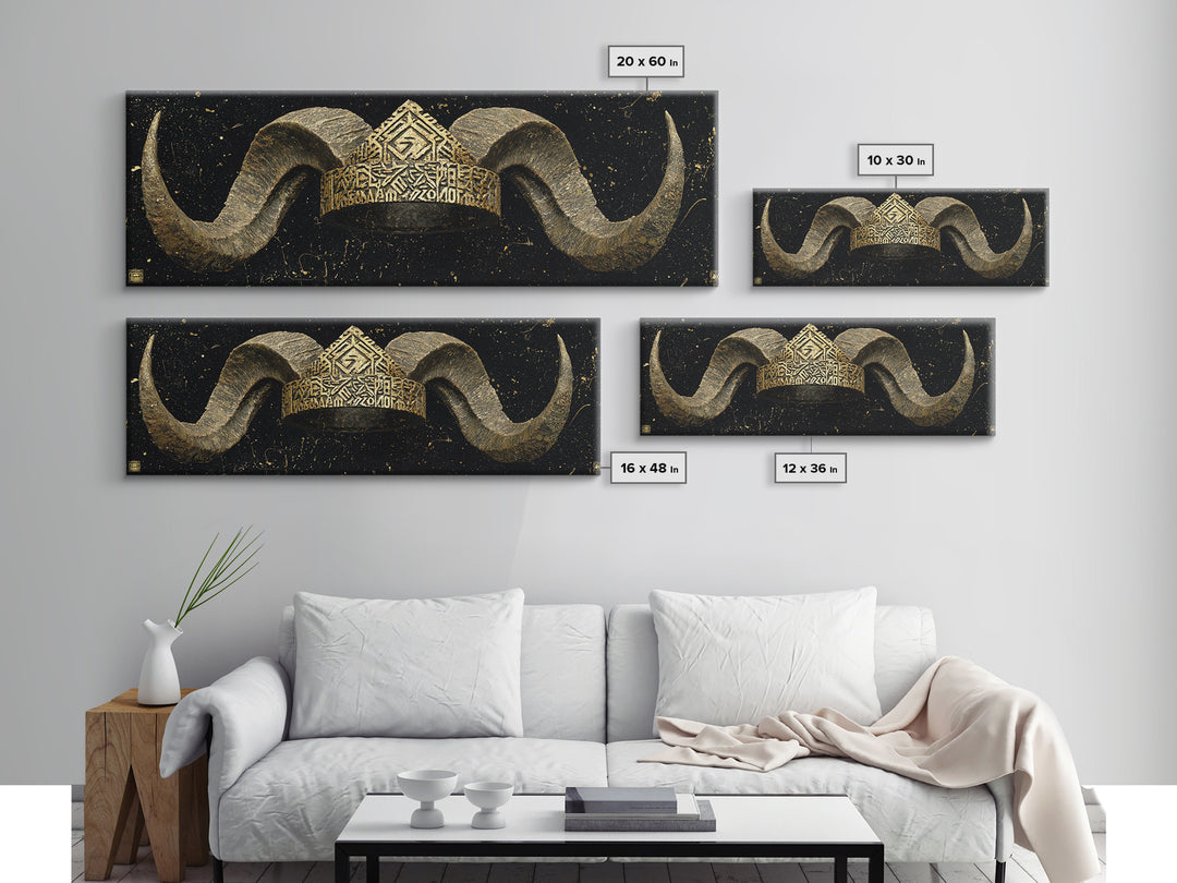 Nordic Horned Crown Canvas Gold Art, Viking Inspired Canvas Art Wall Hanging, Office Decor or Dad Gift in real wood frame