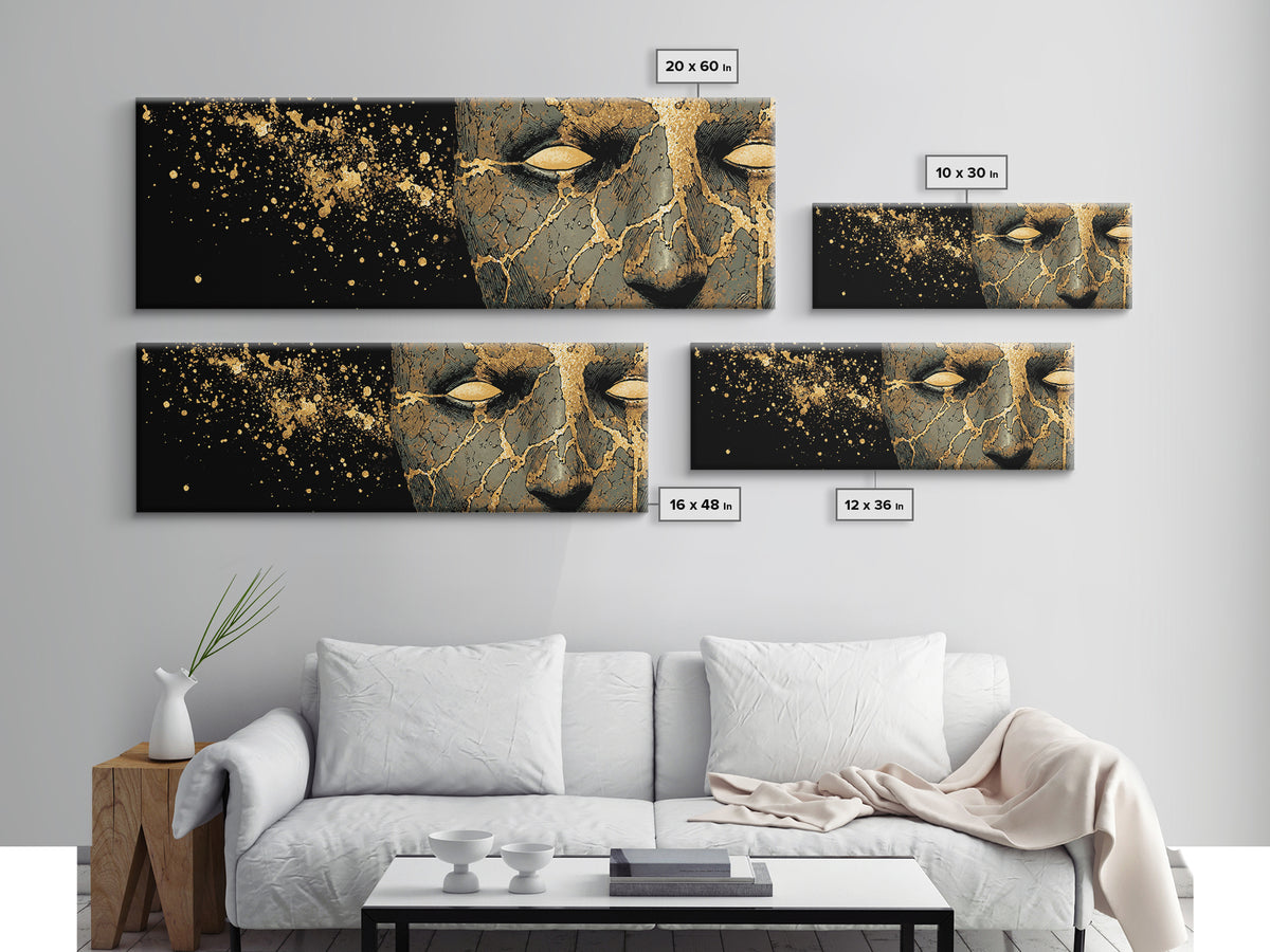 Canvas Art Canvas Gold Broken Face Nordic Mask, Norse Mythology Office or Man Cave Art, Viking Decor with natural wood frame
