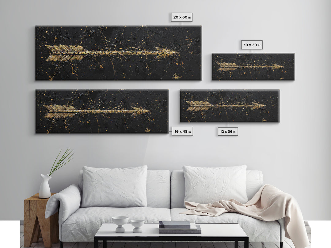 Viking Arrow Canvas Gold Art, Rune Engraved Canvas Art Wall Hanging, Norse Mythology Man Cave Decor with real wood frame