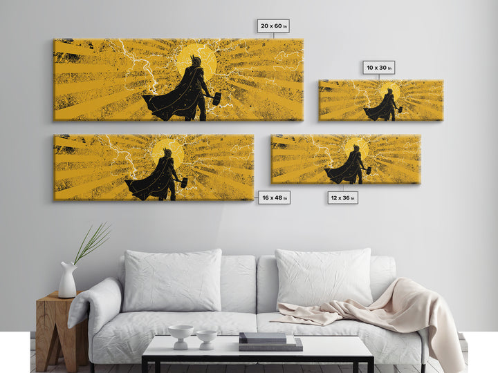 Thor Lightning Hammer Canvas Gold Art, Viking Canvas Art Wall Decor, Norse Mythology Office or Dad Gift in wood frame