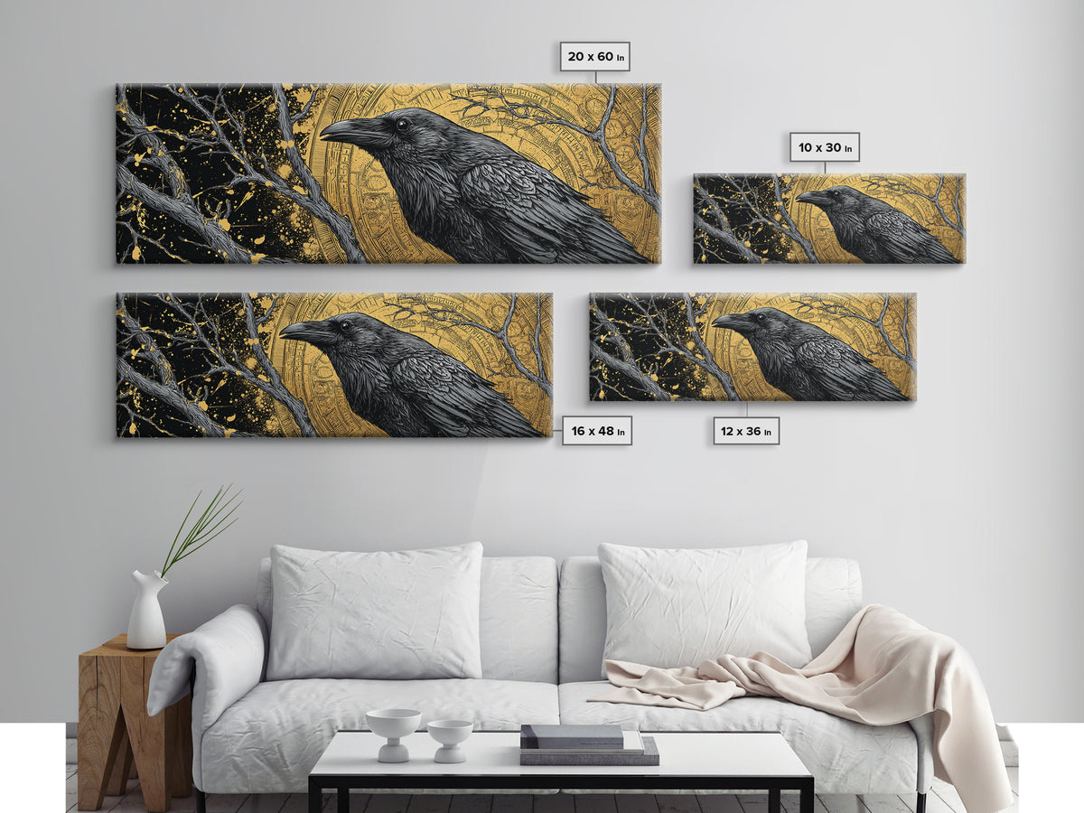 Canvas Art of Odin’s Raven Huginn Canvas Gold Art, Norse Mythology Decor with natural wood frame, Nordic Office or Dad Gift