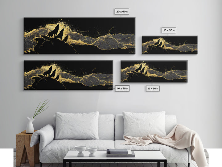 Howling Wolves Norse Canvas Gold Art Canvas Art, Nordic Mythology Office Art for Dad Gift or Man Cave, natural wood framed