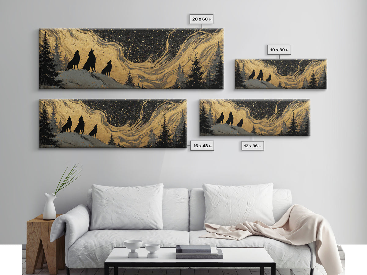 Nordic Wolves Under Stars Canvas Gold Art Canvas Art, Viking Mythology Night Sky Office Decor, framed in solid wood