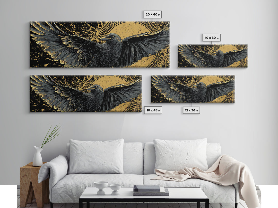Odin’s Raven Huginn Muninn Canvas Gold Art Canvas Art, Norse Mythology Office Art for Men, framed in authentic wood