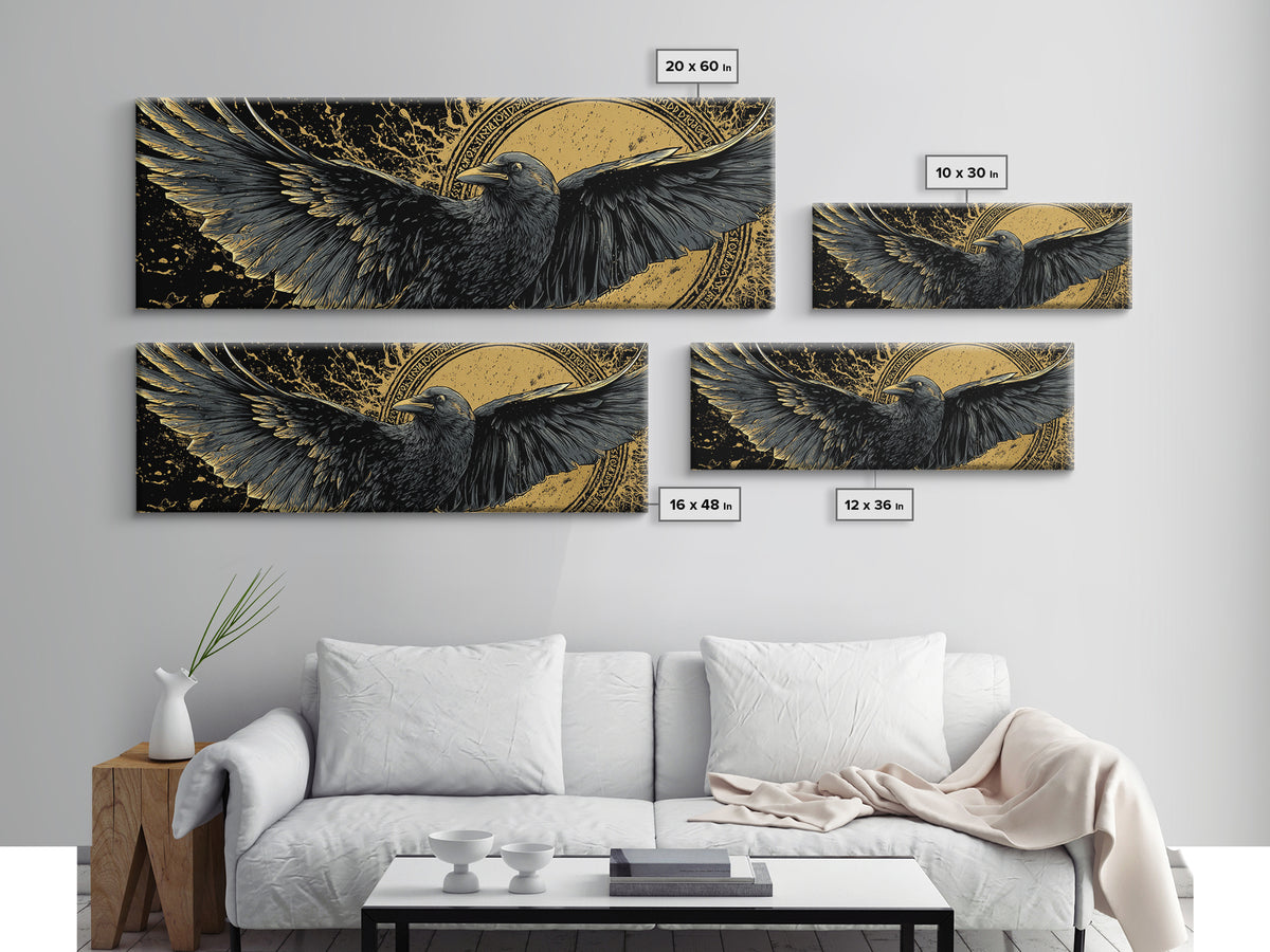 Odin’s Raven Huginn Muninn Canvas Gold Art Canvas Art, Norse Mythology Office Art for Men, framed in authentic wood