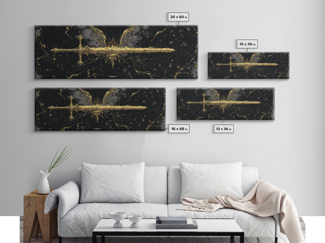 Golden Sword Canvas Gold Art, Norse Mythology Canvas Art framed in real wood, Viking Office Wall Decor, Nordic Man Cave Gift