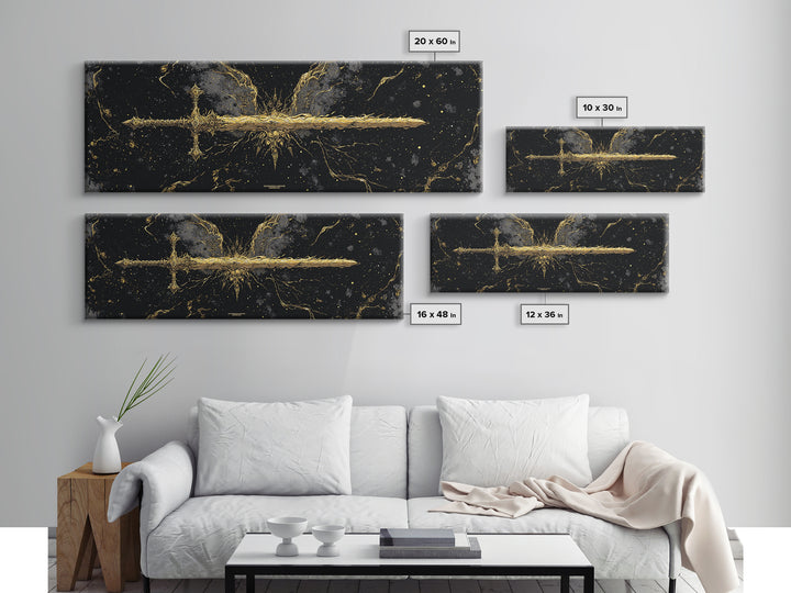 Golden Sword Canvas Gold Art, Norse Mythology Canvas Art framed in real wood, Viking Office Wall Decor, Nordic Man Cave Gift