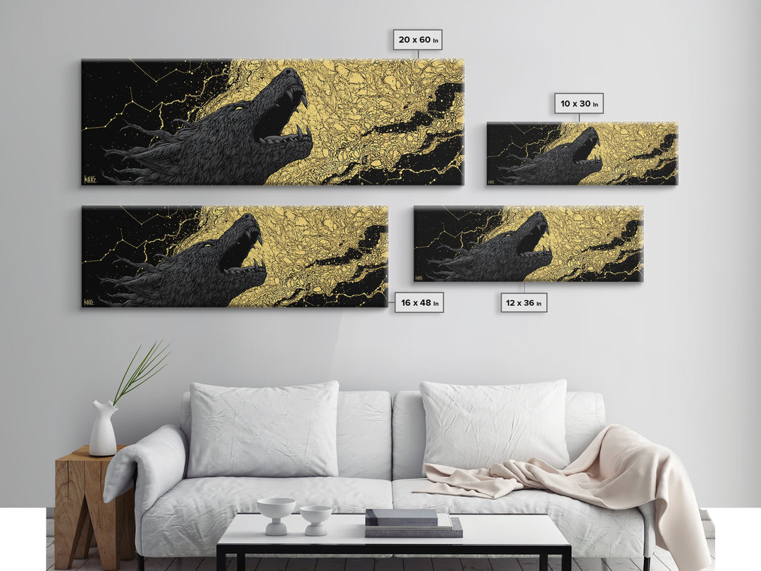 Fenrir Bound Norse Wolf Canvas Gold Art Canvas Art, Nordic Mythology Office Decor for Men, framed in natural wood