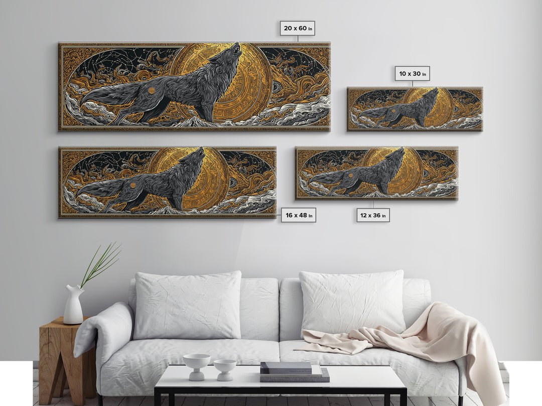 Fenrir Wolf of Ragnarok Canvas Gold Art Canvas Art, Norse Mythology Office Decor Man Cave Wall Art, with real wood frame