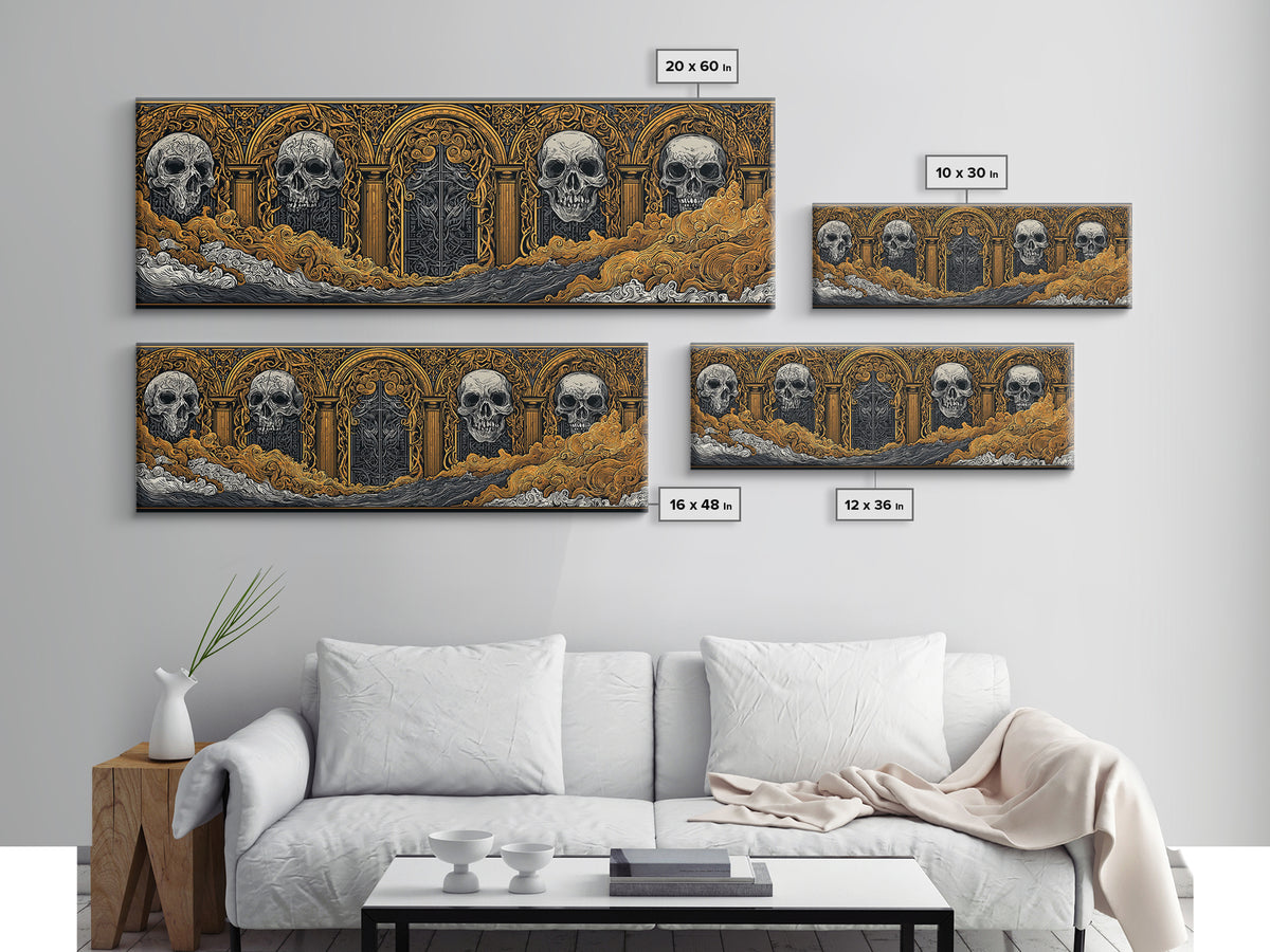 Helheim Canvas Gold Art, Norse Mythology Canvas Art with Nordic Skulls, Office Wall Decor for Men, Framed in Real Wood