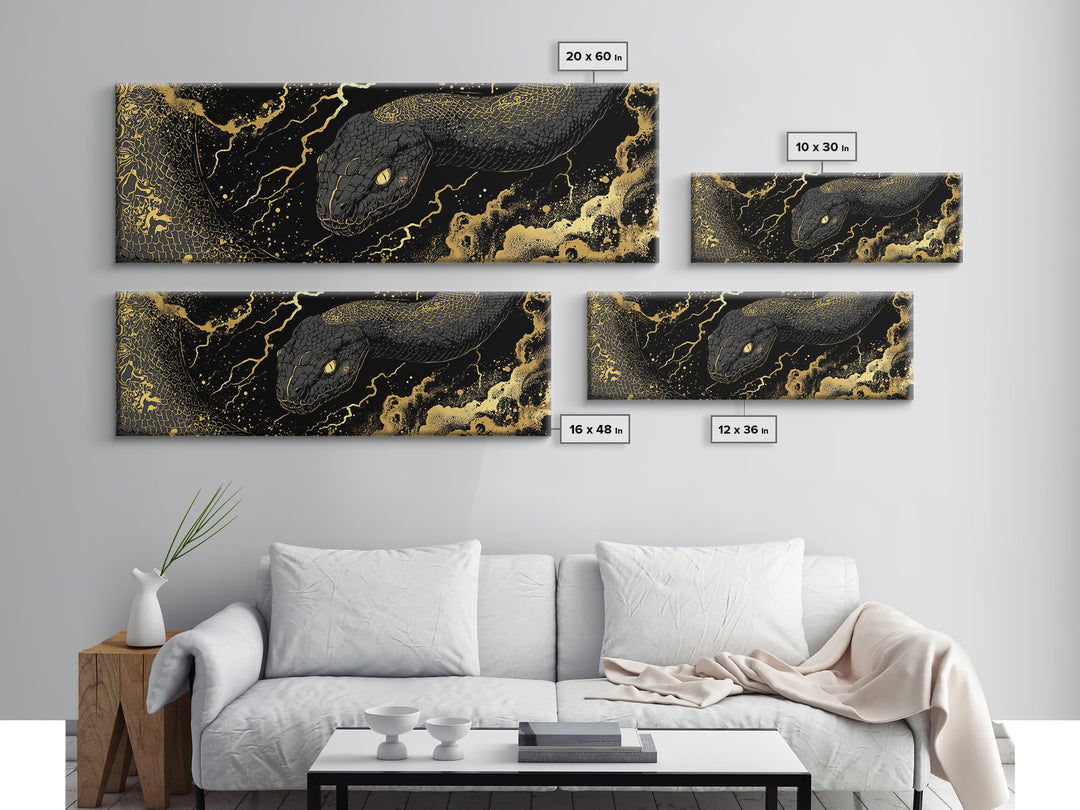 Jormungandr Serpent Canvas Gold Art, Norse Mythology Canvas Art, Viking Decor for Men’s Office or Man Cave, Real Wood Frame