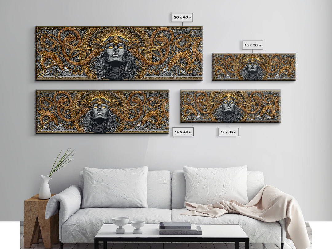Norse Trickster Loki Canvas Art, Canvas Gold Art for Viking Lovers, Nordic Mythology Office or Dad Gift, Framed in Natural Wood