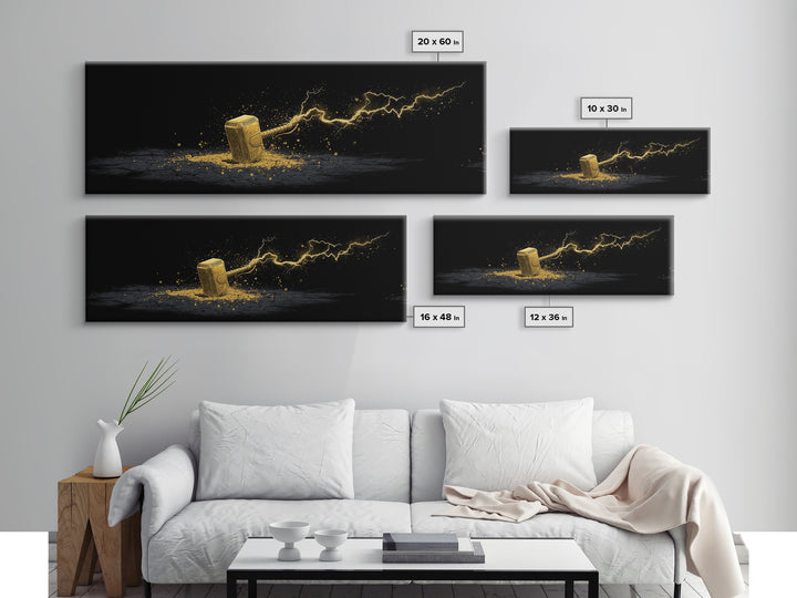 Canvas Gold Art Canvas Art – Thor’s Mjolnir with Lightning, Nordic Mythology Office Wall Art Dad Gift, natural wood framed