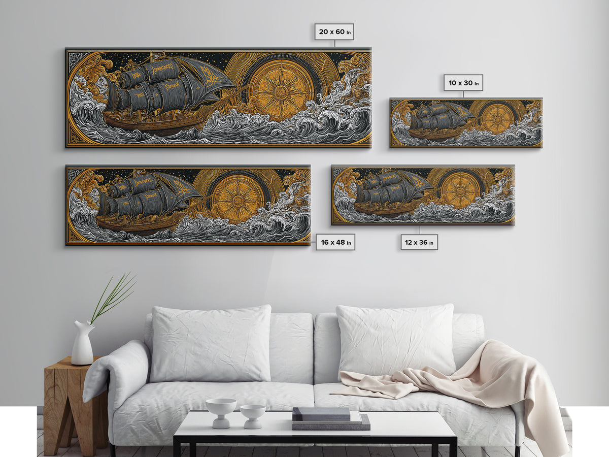 Nordic Naglfar Canvas Gold Art Canvas Art – Viking Ship at Sea, Norse Mythology Wall Decor Dad Gift, framed in genuine wood