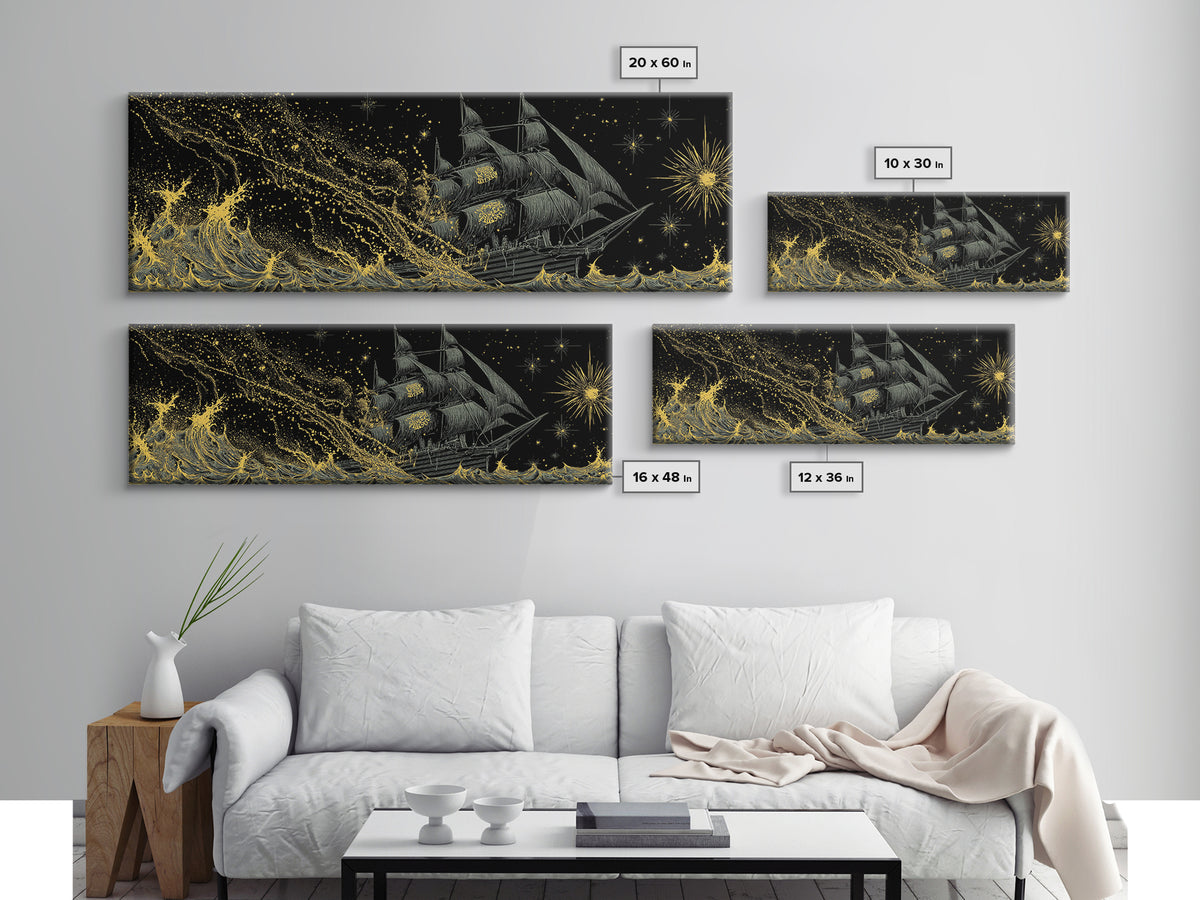 Naglfar Ship Canvas Art Canvas Gold Art – Viking Longship Norse Mythology Office Decor Man Cave Wall Hanging, real wood frame