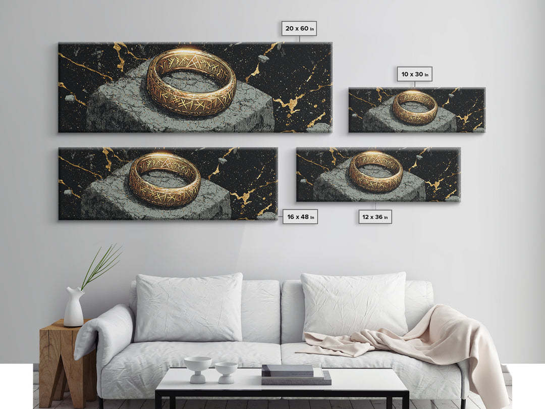Norse Ring Canvas Gold Art Canvas Art – Nordic Mythology Jewelry Symbol, Viking Inspired Wall Decor Office Gift, natural wood frame