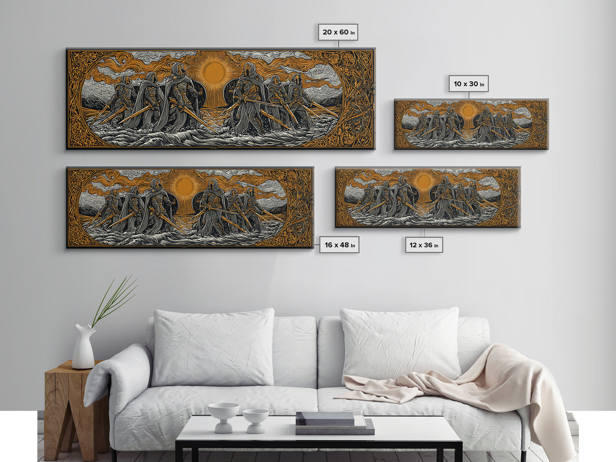 Norse Warriors Canvas Gold Art Canvas Art | Viking Battle Scene Wall Decor framed in natural wood | Man Cave or Office Gift