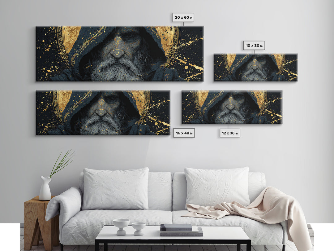 Canvas Gold Art of Odin Canvas Art | Viking God Wall Hanging framed in natural wood | Nordic Decor Gift for Men or Fathers