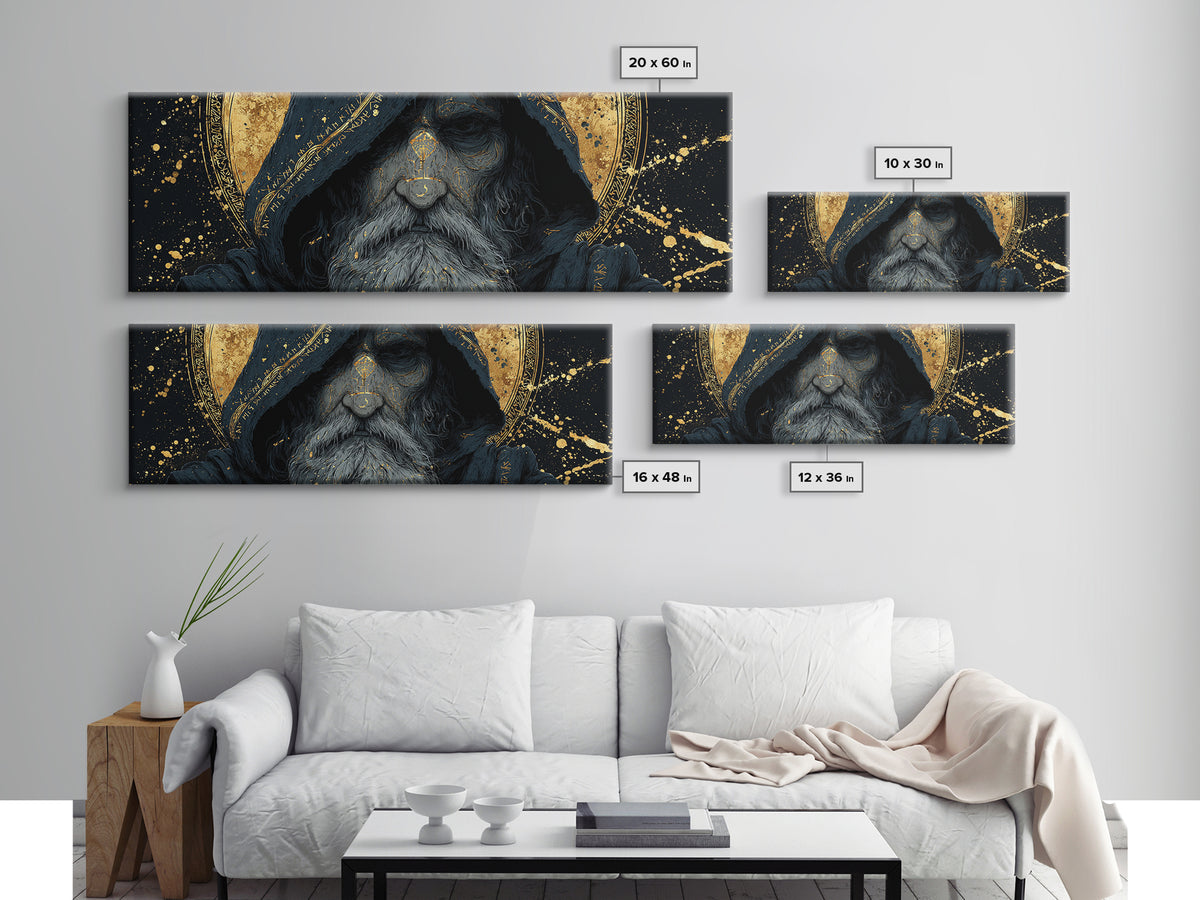Canvas Gold Art of Odin Canvas Art | Viking God Wall Hanging framed in natural wood | Nordic Decor Gift for Men or Fathers