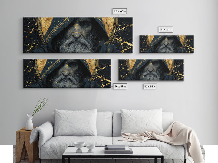 Canvas Gold Art of Odin Canvas Art | Viking God Wall Hanging framed in natural wood | Nordic Decor Gift for Men or Fathers