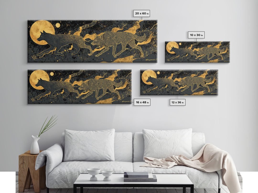 Sköll Wolf Canvas Gold Art Canvas Art | Norse Mythology Wolf of Ragnarok framed in wood | Nordic Decor for Man Cave or Office