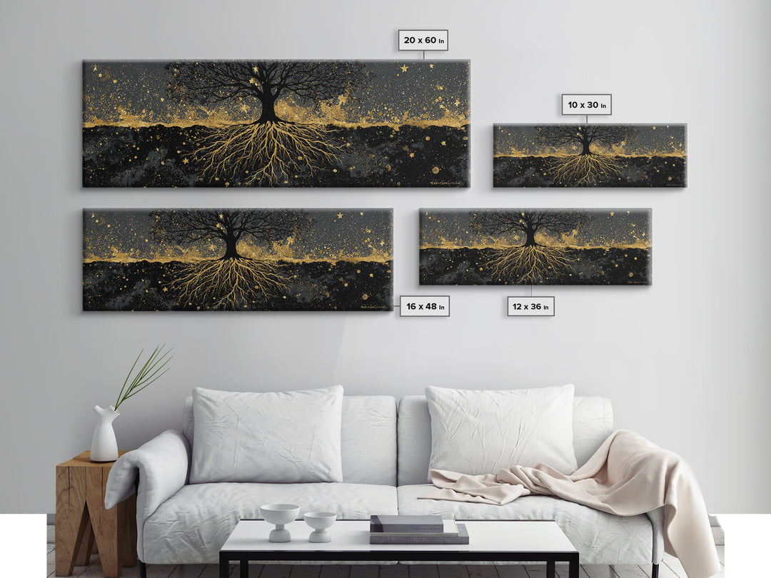 Nordic Tree of Life Yggdrasil Canvas Gold Art Canvas Art Norse Mythology Wall Decor, handcrafted in a premium real wood frame