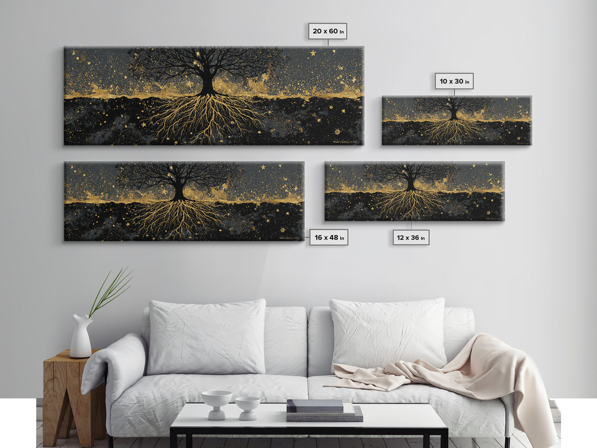 Nordic Tree of Life Yggdrasil Canvas Gold Art Canvas Art Norse Mythology Wall Decor, handcrafted in a premium real wood frame