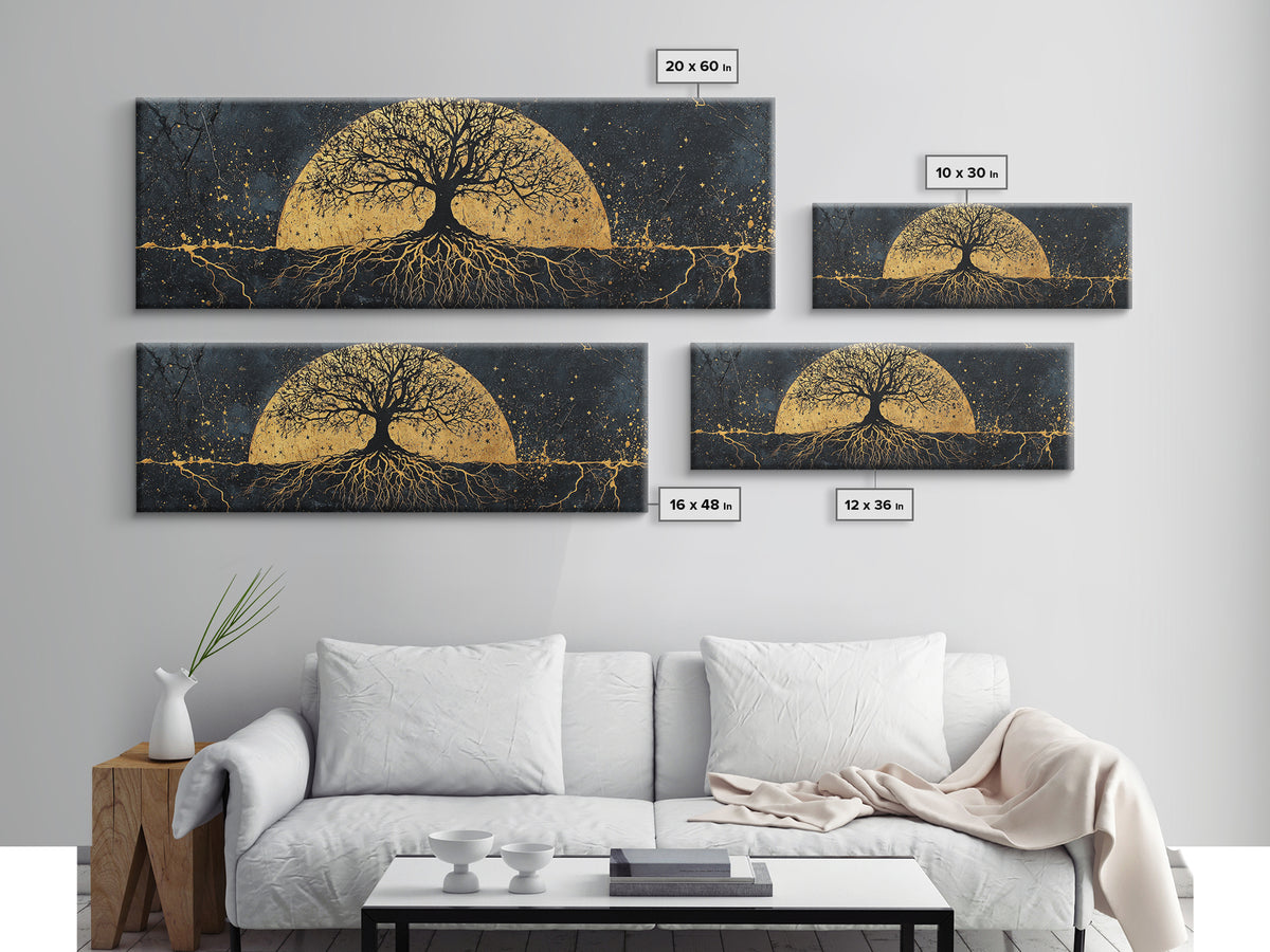 The World Tree Norse Yggdrasil Canvas Gold Art Canvas Art Cosmic Wall Decor for Office or Man Cave, framed in natural wood