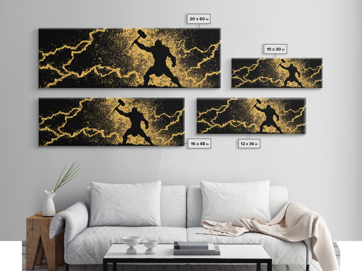 Nordic Thor with Mjolnir Canvas Gold Art Canvas Art Norse Mythology Wall Decor for Men’s Office, set in a real wood frame