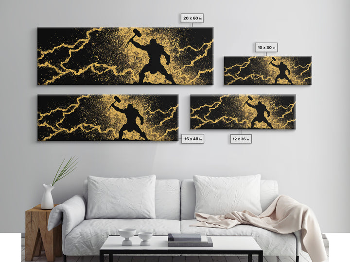 Nordic Thor with Mjolnir Canvas Gold Art Canvas Art Norse Mythology Wall Decor for Men’s Office, set in a real wood frame