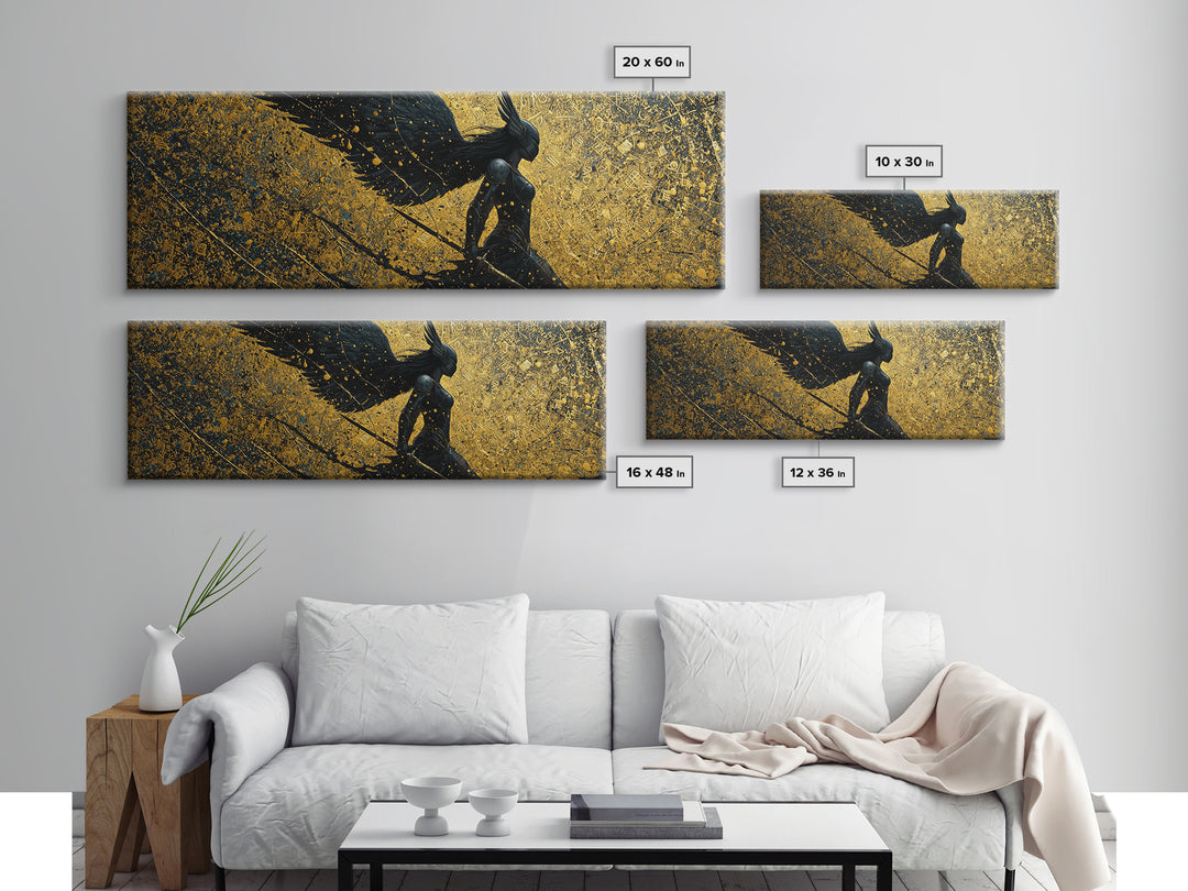 Valkyrie Warrior Canvas Gold Art Nordic Mythology Canvas Art, Office Wall Decor framed in natural wood, Viking Dad Gift