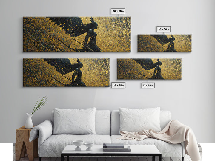 Valkyrie Warrior Canvas Gold Art Nordic Mythology Canvas Art, Office Wall Decor framed in natural wood, Viking Dad Gift