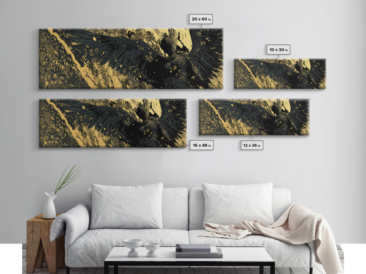 Nordic Valkyrie Canvas Gold Art Canvas Art with Mythology Design, Man Cave Wall Decor in real wood frame, Norse Office Gift