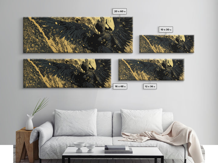 Nordic Valkyrie Canvas Gold Art Canvas Art with Mythology Design, Man Cave Wall Decor in real wood frame, Norse Office Gift