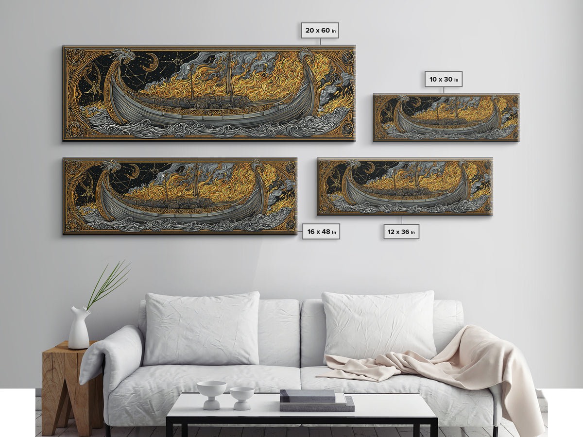 Norse Viking Longship Canvas Gold Art Canvas Art, Mythology Office Wall Decor with real wood frame, Unique Gift for Men