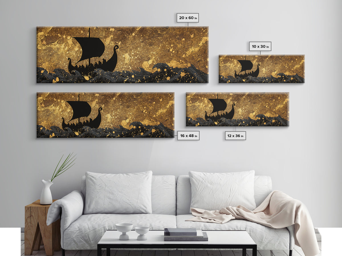 Viking Funerary Ship Canvas Gold Art Norse Mythology Canvas Art, Office Wall Decor framed in real wood, Dad Gift Man Cave